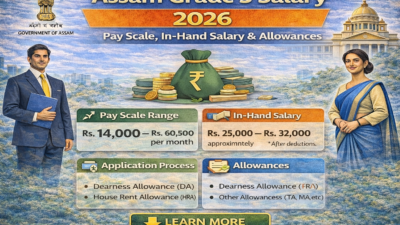 Infographic of Assam Grade 3 Salary 2026 showing pay scale range, in-hand salary, and allowances including DA and HRA.