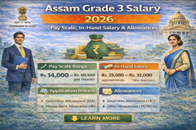 Infographic of Assam Grade 3 Salary 2026 showing pay scale range, in-hand salary, and allowances including DA and HRA.