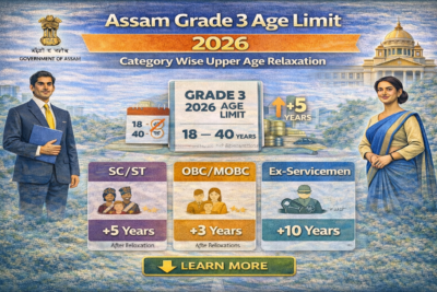 Infographic of Assam Grade 3 Age Limit 2026 showing minimum and maximum age criteria with category-wise upper age relaxation for SC/ST, OBC/MOBC, and Ex-Servicemen.