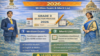 Infographic of Assam Grade 3 Selection Process 2026 showing written exam stage followed by merit list preparation and document verification.