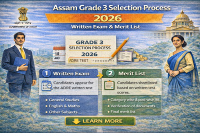 Infographic of Assam Grade 3 Selection Process 2026 showing written exam stage followed by merit list preparation and document verification.