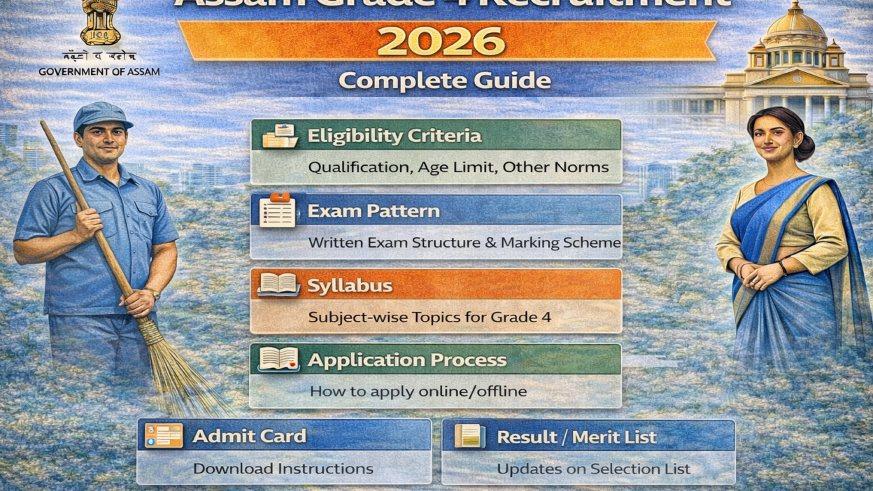 Infographic of Assam Grade 4 Recruitment 2026 showing eligibility criteria, exam pattern, syllabus, application process, admit card, and result details.