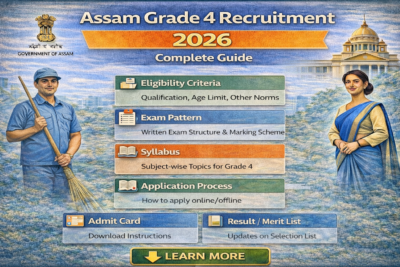 Infographic of Assam Grade 4 Recruitment 2026 showing eligibility criteria, exam pattern, syllabus, application process, admit card, and result details.