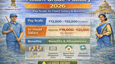 Infographic of Assam Grade 4 Salary 2026 showing pay scale, estimated in-hand salary, and benefits including DA, HRA, and medical allowance.