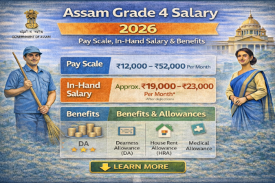 Infographic of Assam Grade 4 Salary 2026 showing pay scale, estimated in-hand salary, and benefits including DA, HRA, and medical allowance.