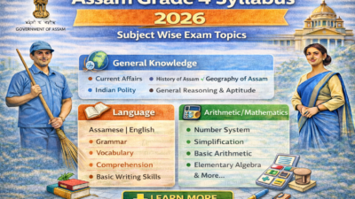 Infographic of Assam Grade 4 Syllabus 2026 showing subject-wise exam topics including General Knowledge, Language (Assamese/English), and Arithmetic/Mathematics.