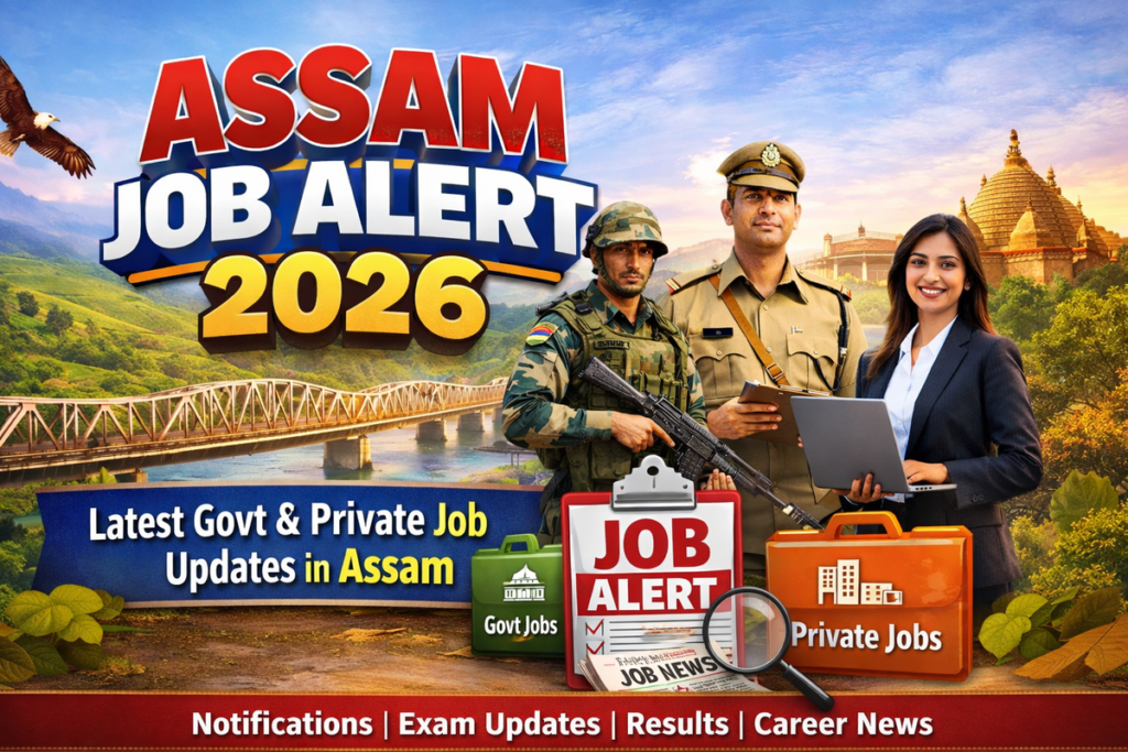 Assam Job Alert 2026 banner featuring government and private job updates with Assam landmarks, professionals, and recruitment notification highlights.