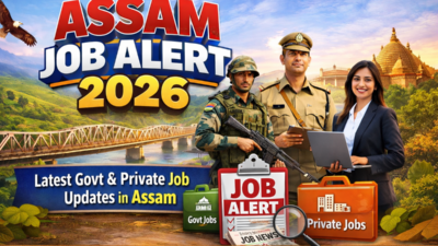 Assam Job Alert 2026 banner featuring government and private job updates with Assam landmarks, professionals, and recruitment notification highlights.