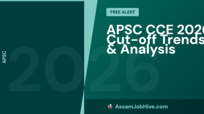 A graphic showing an upward trending graph for APSC CCE 2026 cut-off marks, representing the rising safe target scores for Assam Civil Service and Assam Police Service.