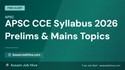APSC CCE Syllabus 2026 infographic showing Prelims General Studies topics and Mains six paper structure including Assam-specific Paper VI
