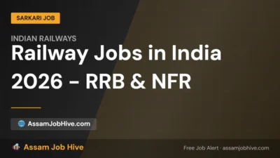 Indian Railways train at station platform representing RRB and NFR railway jobs
