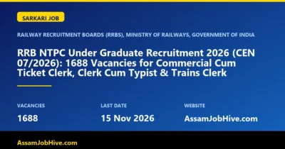 RRB NTPC Under Graduate Recruitment 2026 CEN 07/2026 notification Assam Guwahati