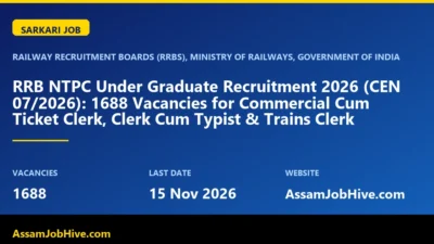 RRB NTPC Under Graduate Recruitment 2026 CEN 07/2026 notification Assam Guwahati