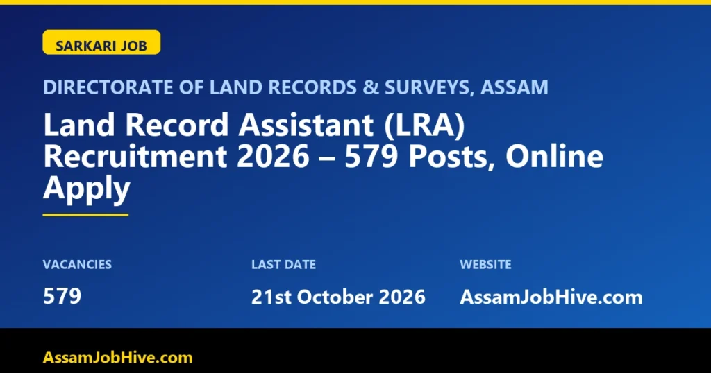 Directorate of Land Records & Surveys, Assam Land Record Assistant (LRA) Recruitment 2026 – 579 Posts, Online Apply with 579 vacancies, last date 21st October 2026, 5 PM featured image