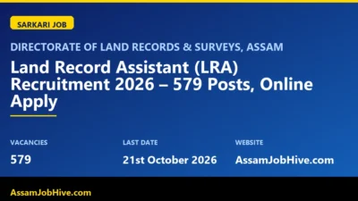 Directorate of Land Records & Surveys, Assam Land Record Assistant (LRA) Recruitment 2026 – 579 Posts, Online Apply with 579 vacancies, last date 21st October 2026, 5 PM featured image