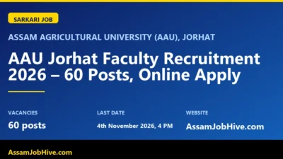 Assam Agricultural University (AAU), Jorhat AAU Jorhat Faculty Recruitment 2026 – 60 Posts, Online Apply with 60 posts vacancies, last date 4th November 2026, 4 PM featured image